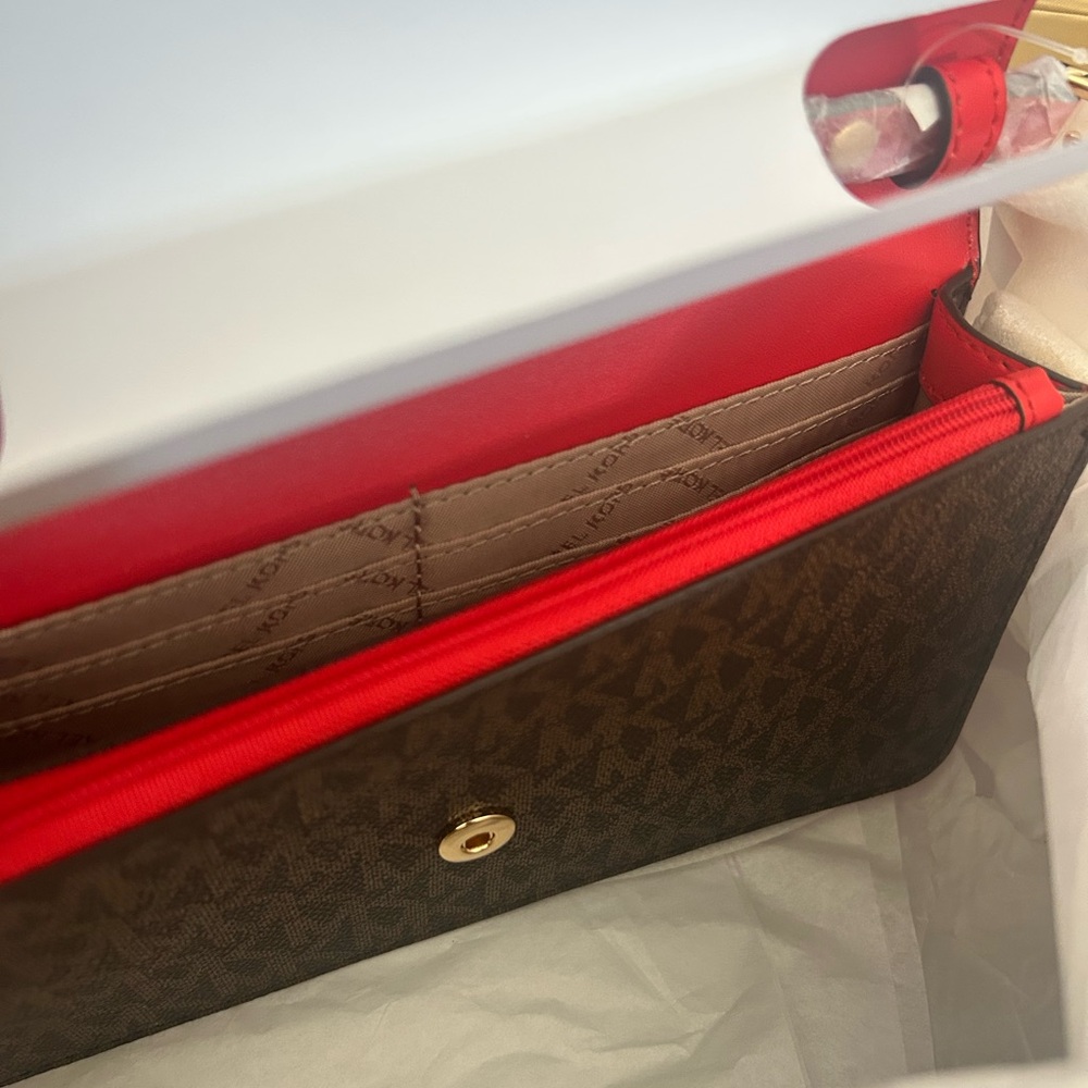 Michael Kors Jet Set Travel Small Flap Clutch Crossbody Bag (brown + red) - Picture 7 of 12